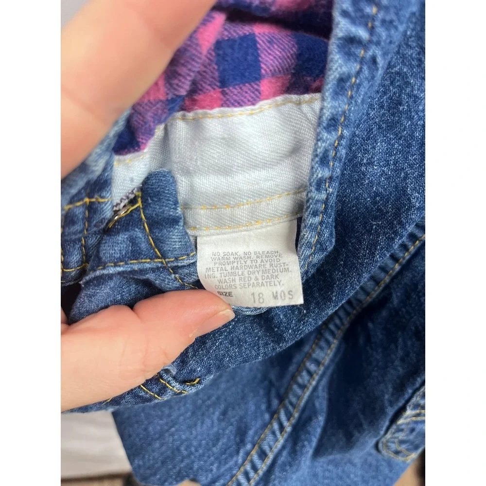 VTG 1995 Oshkosh Girls Denim Overalls Pink and Blue‎ Checkered Flannel Lined 18M